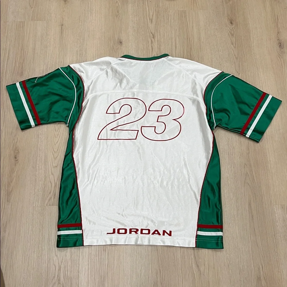 Vintage Jordan Large Green and White Jersey with Red Number